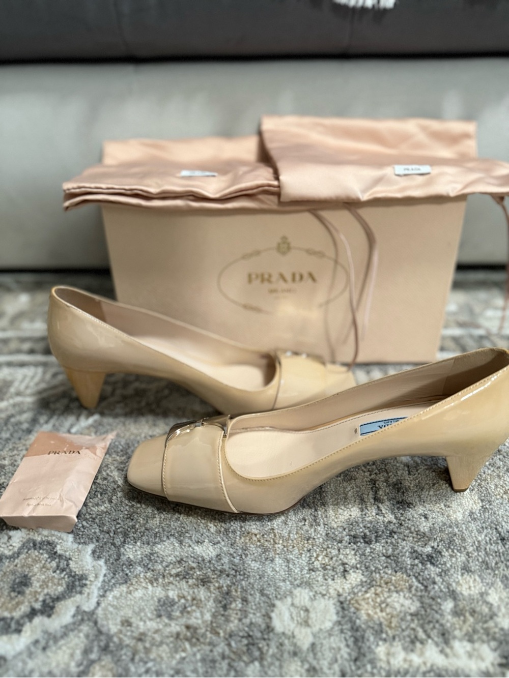 Prada Nude Patent Leather Square-Toe Ballet Heels with Silver Accent - Picture 2 of 10